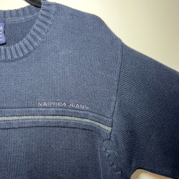 Nautica Mens Sweater Navy Blue 90s Stripe Heavy Embroidered Y2K Vintage Sz Large - Picture 3 of 11